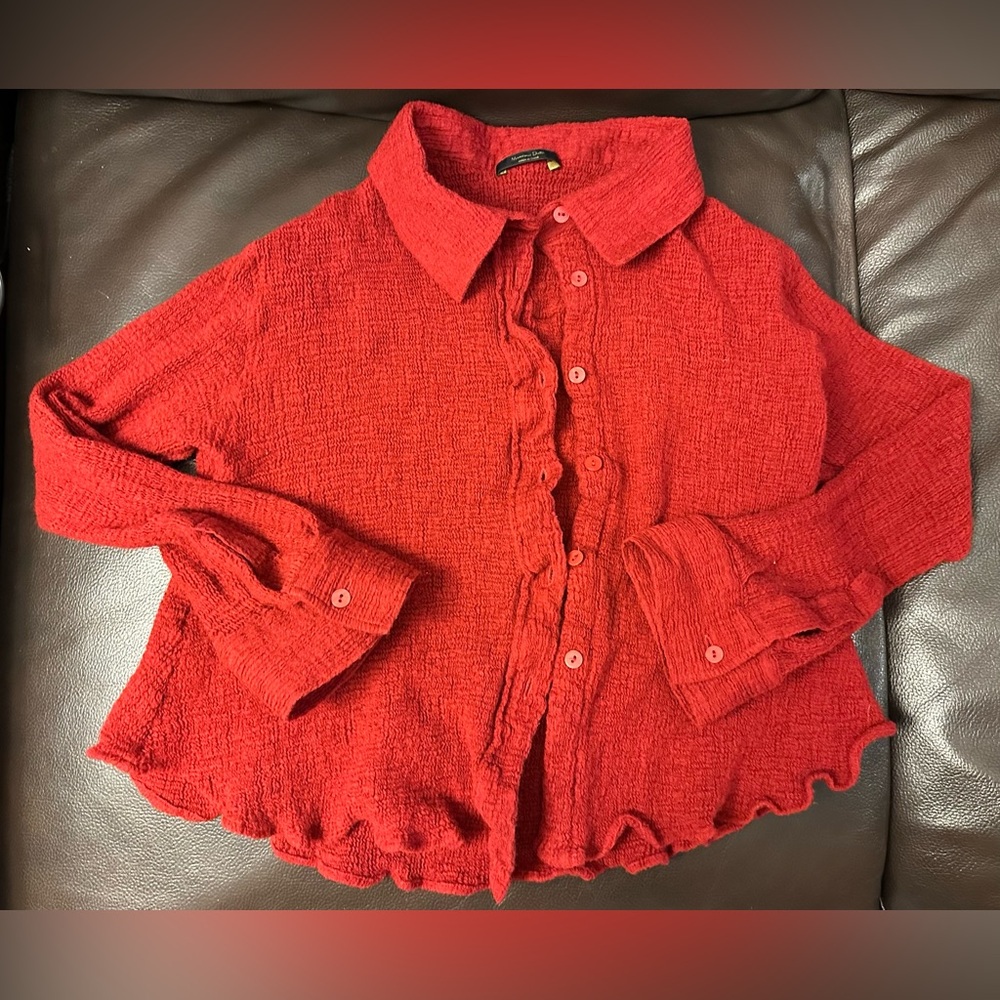 Massimo Dutti Wool Cotton Cardigan Shirt, Red Textured Button-Up M, stretch